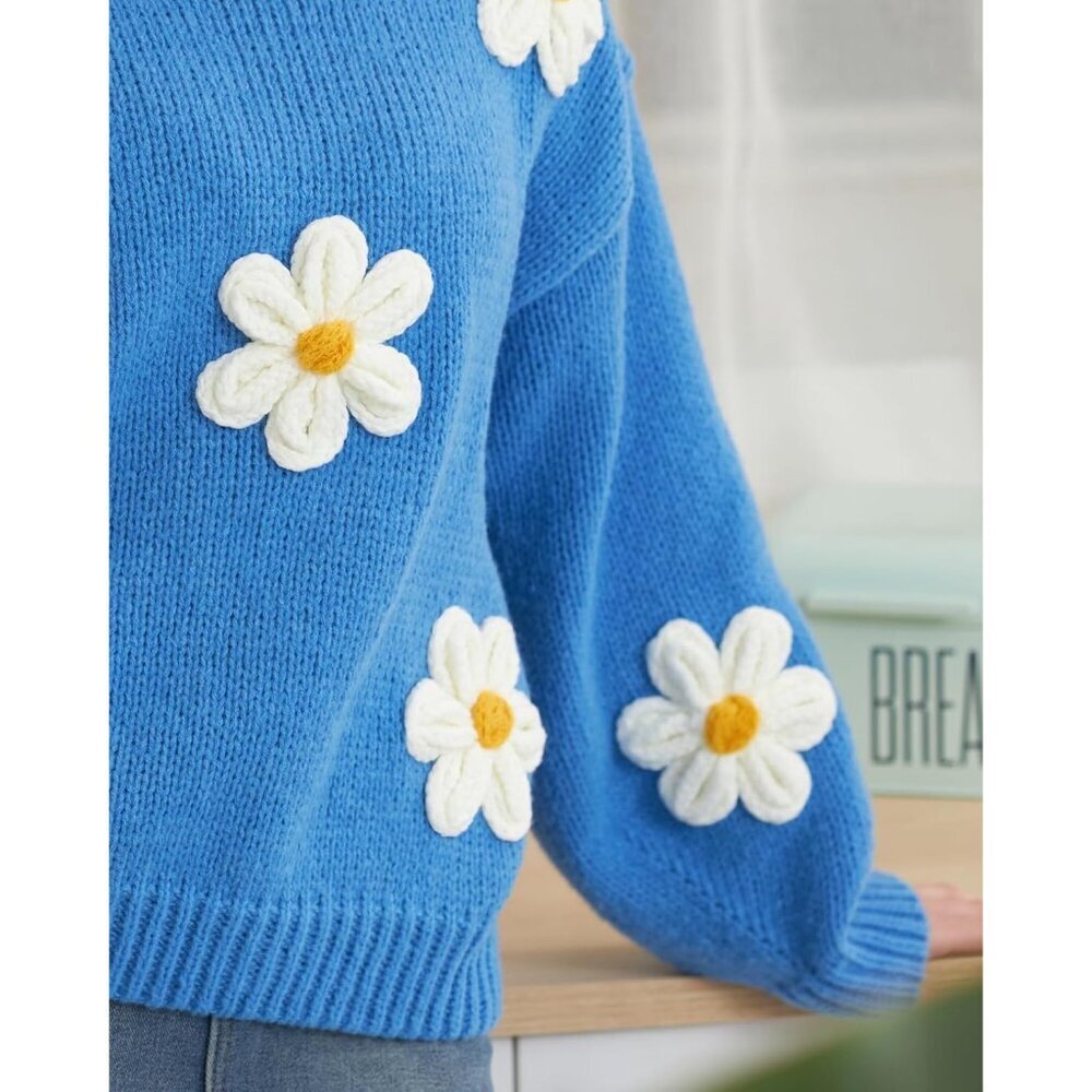Floral Crewneck Sweater Long Sleeve Women Polyester Spring Fall Trendy - Picture 4 of 6